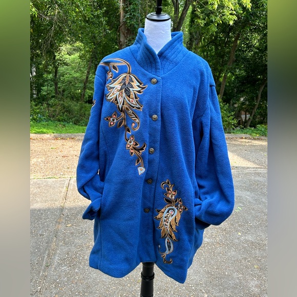 Bob Mackie Jackets & Blazers - Vintage Bob Mackie Wearable Art Fleece Jacket 3X Royal Blue Floral Embroidered